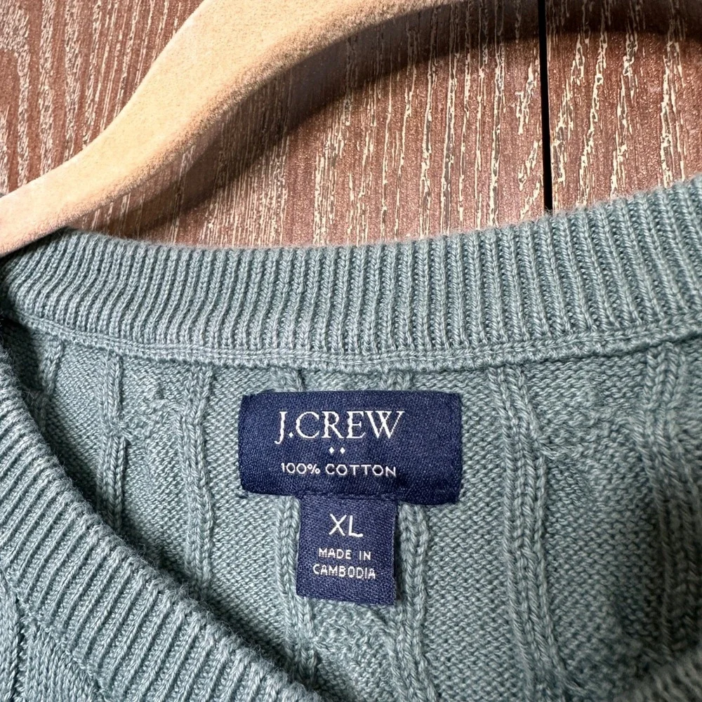 J.Crew‎ Preppy Cable Knit Mens XL Sage Green Cotton Crewneck Sweater Old Money